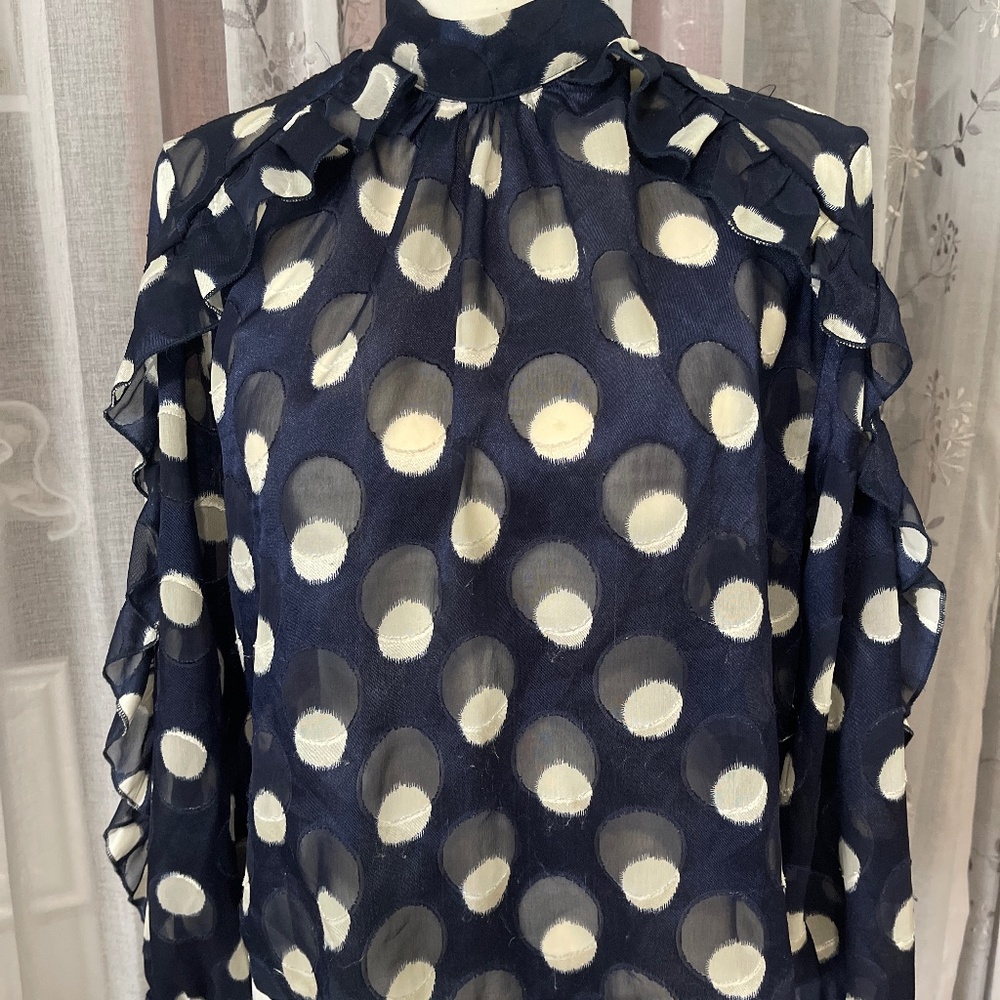 Zara Navy and White Polka Dot Blouse